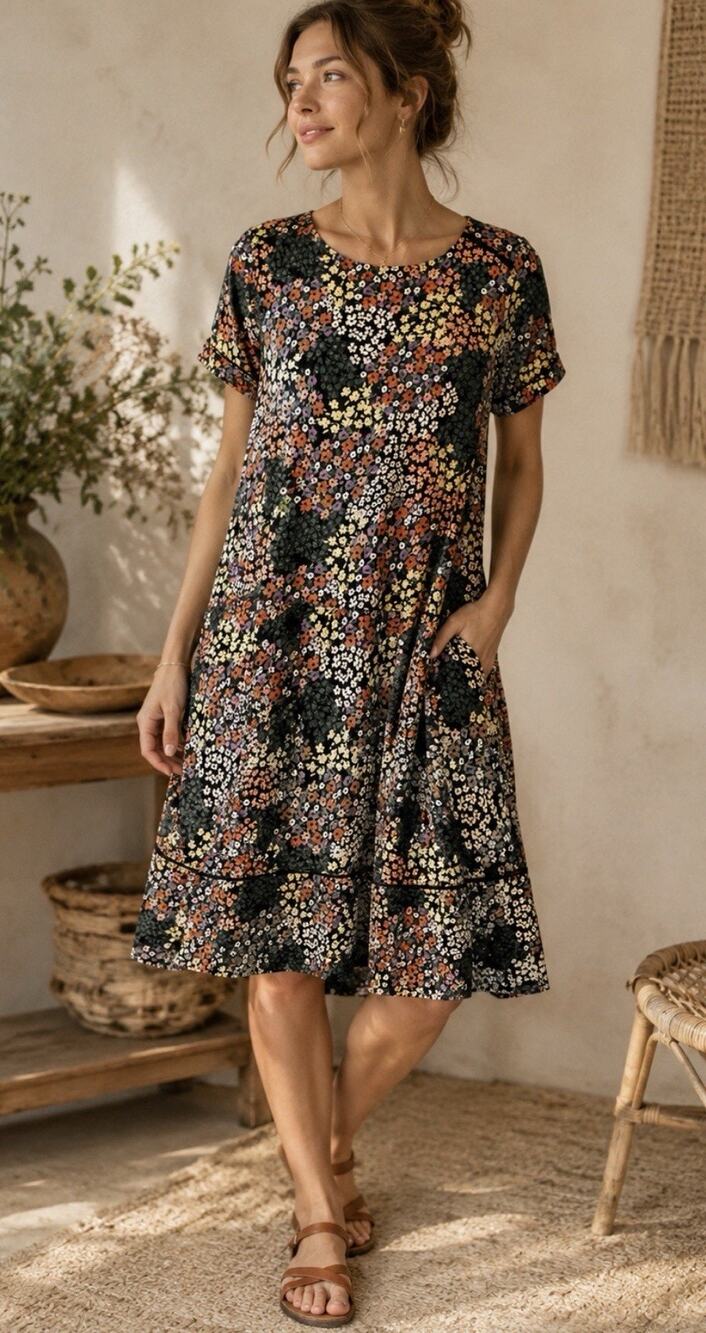 Fat Face Floral Swing Drs Wmn US 12 UK 16 Patchwork Ditsy Floral Tiered Hem Boho